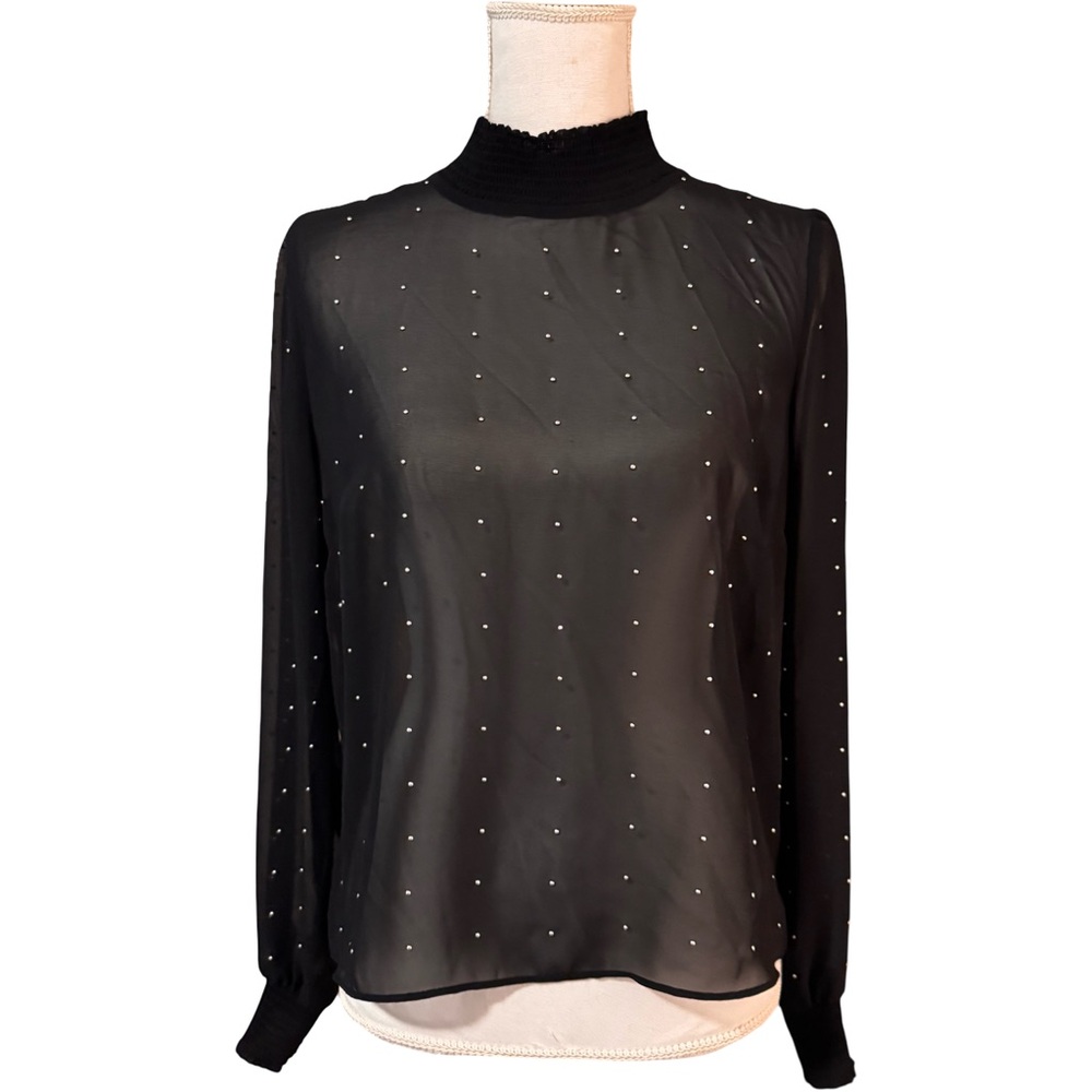 Bar III Black Sheer Blouse with Dotted Detail